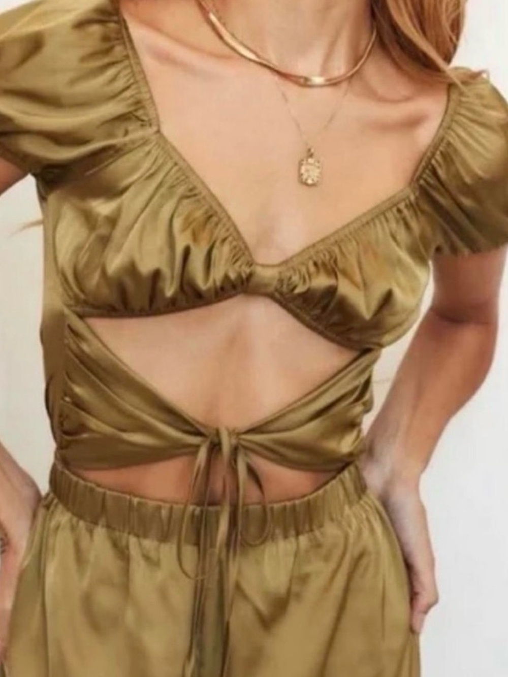 12th Tribe Olive Tie-Front Cutout Satin Jumper